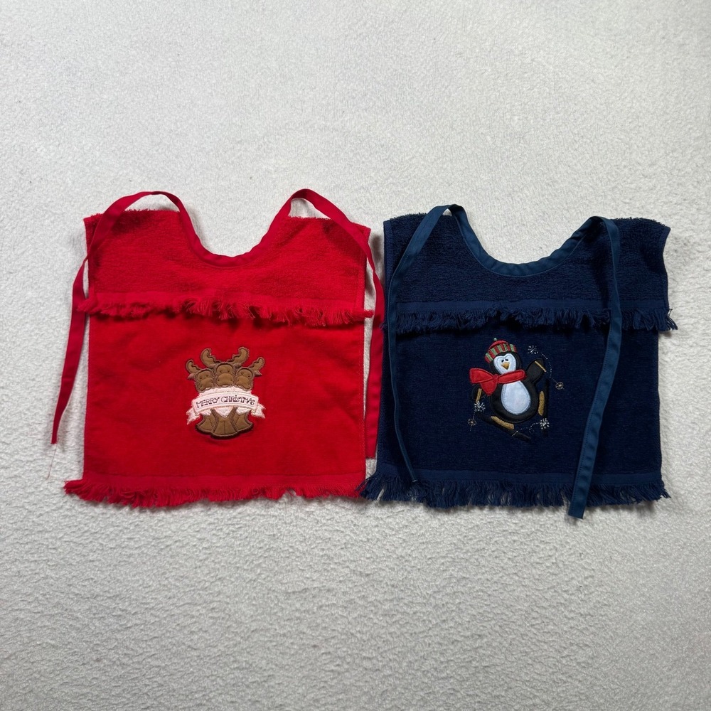 Unbranded Christmas Bibs Baby OS Red Navy Good Reindeer Penguin Fringe Set of 2